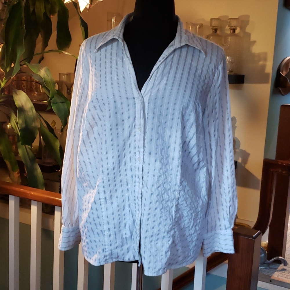 Alfani Womens White And Silver Striped V Neck Blouse